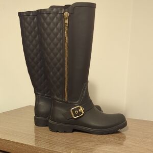 Steve Madden Black Quilted Rain Boots with Gold Accents